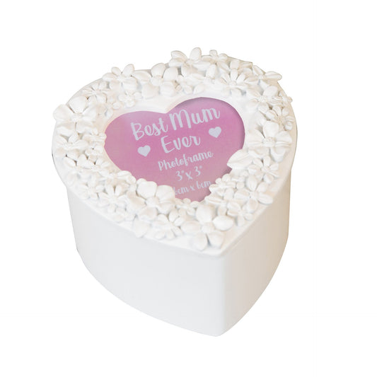 Heart-shaped photo frame with 'Best Mum Ever' text on a white background