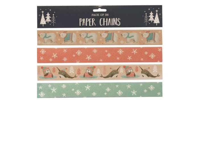 Pack of paper chains with festive designs on a white background