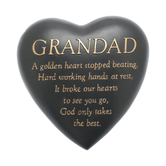 Heart-shaped black plaque with gold text honoring a grandad on a white background