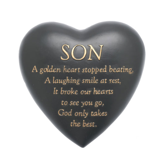 Heart-shaped black plaque with gold text for a son on a white background