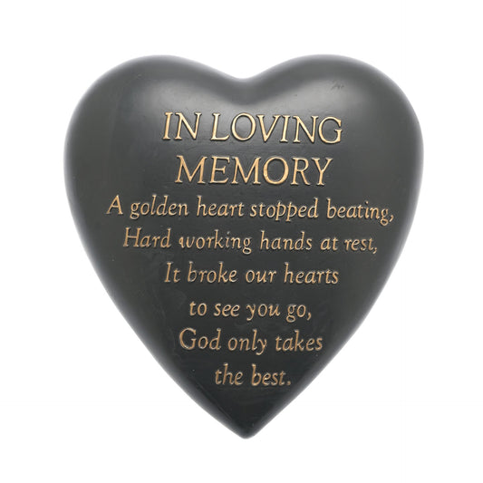 Heart-shaped black plaque with gold text 'IN LOVING MEMORY' on a white background