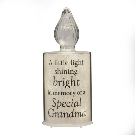Memorial light with text 'A little light shining bright in memory of a Special Grandma' on a white background