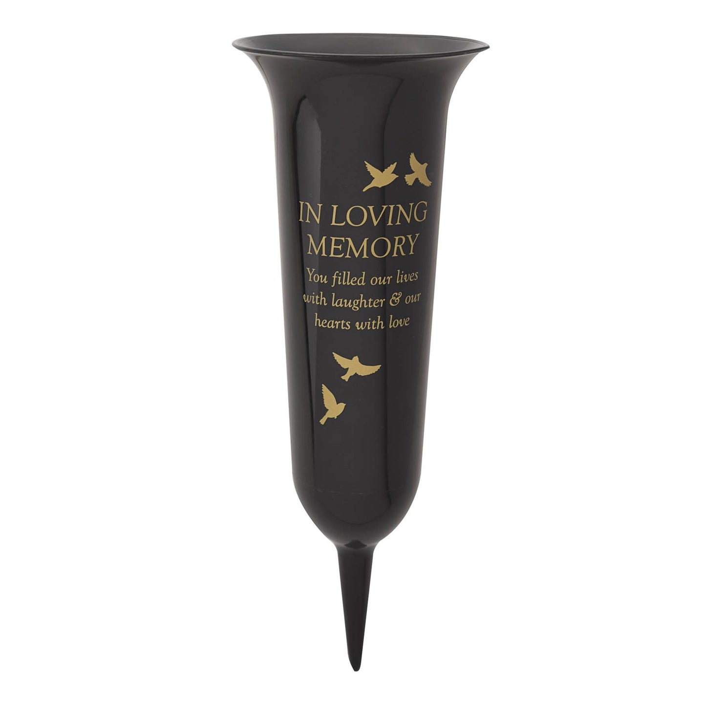 Black vase with 'In Loving Memory' text and bird illustrations on a white background