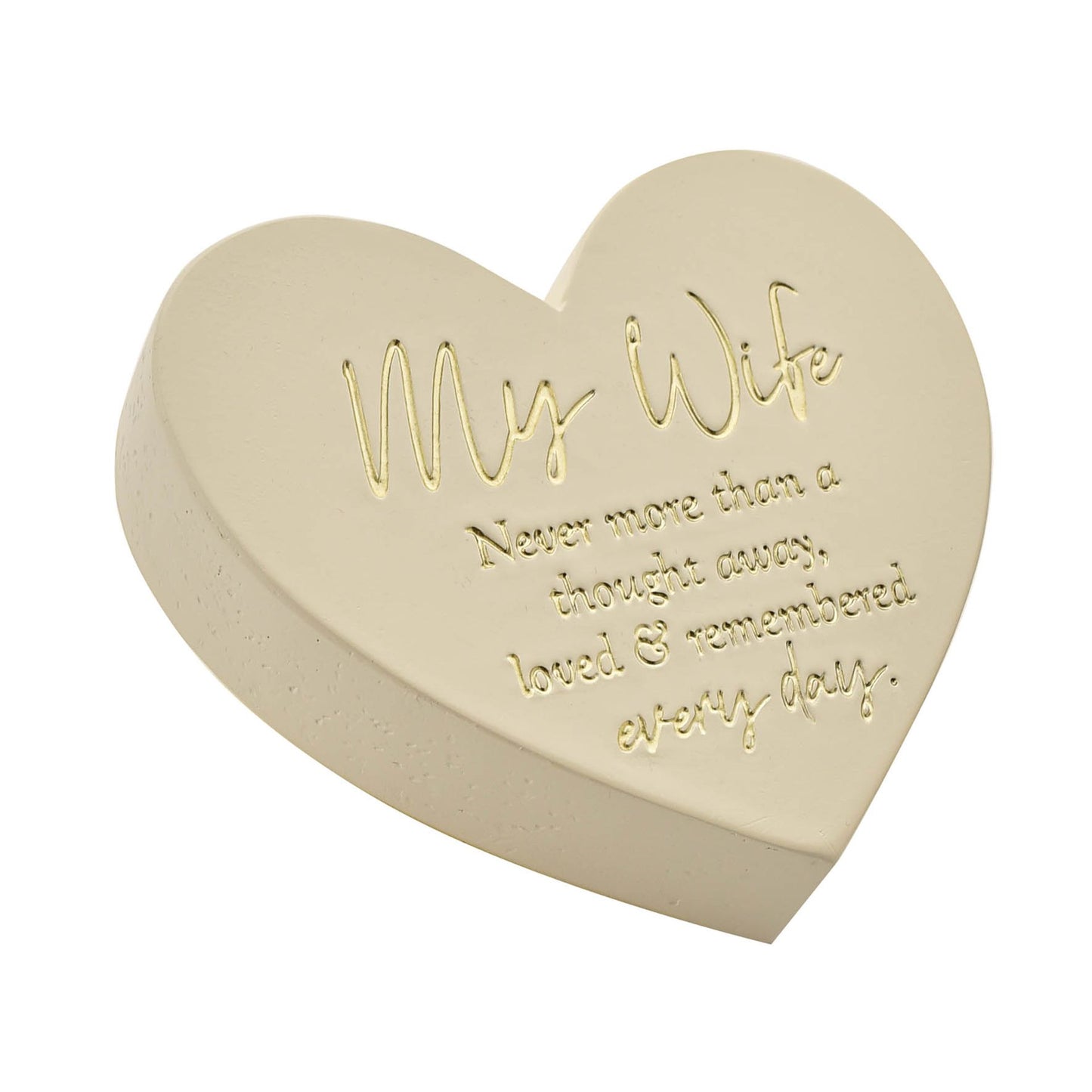 Heart-shaped beige box with gold text on a white background
