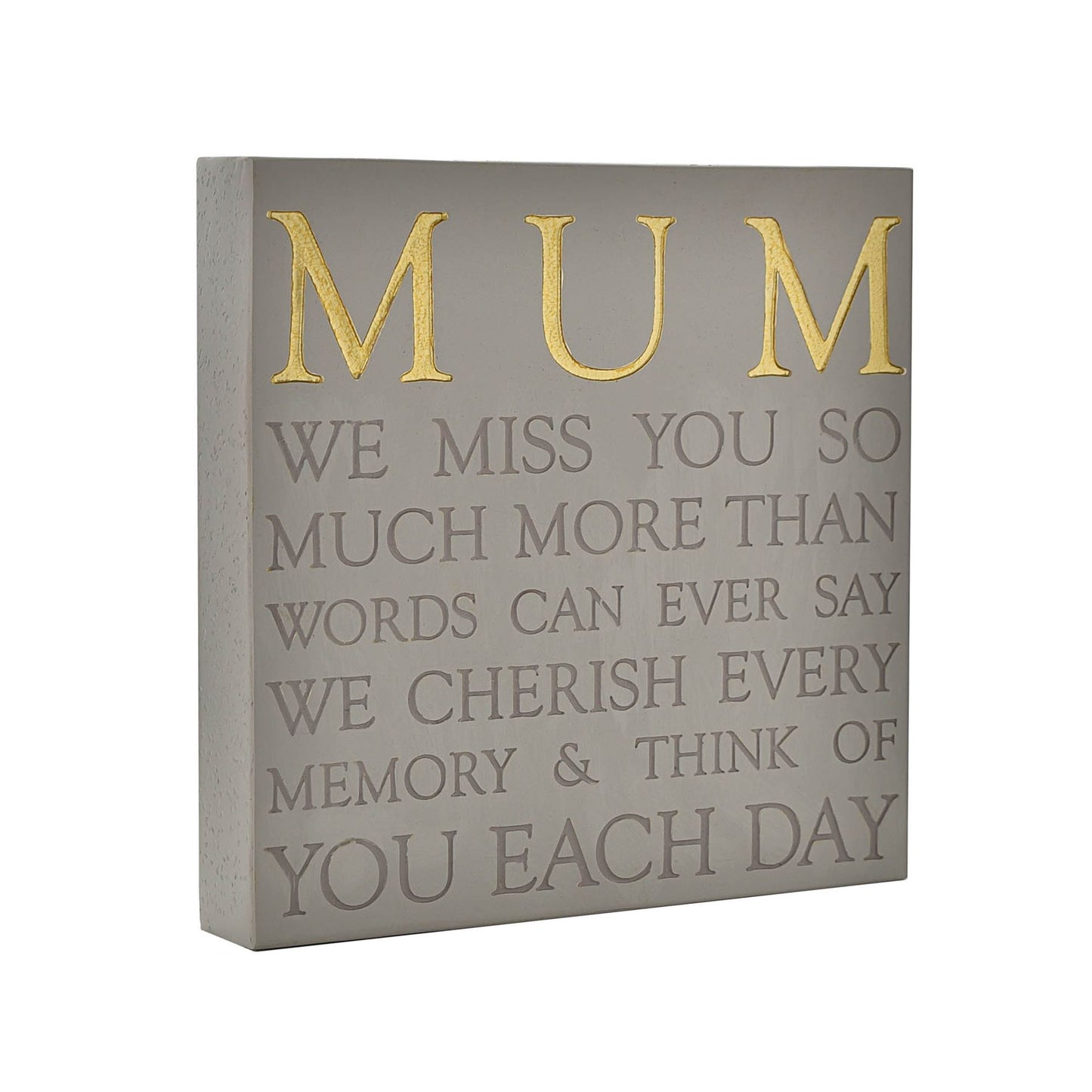 Decorative plaque with 'MUM' in gold and heartfelt message on a gray background