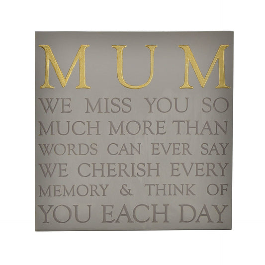 Decorative plaque with 'MUM' and sentimental message on a gray background