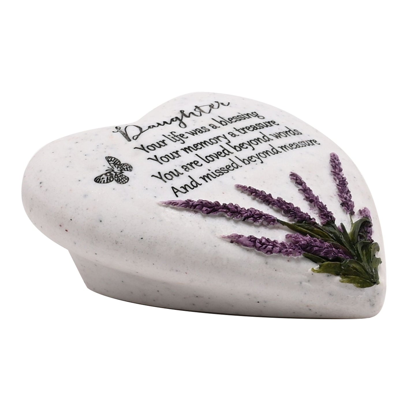 Decorative stone with engraved text and lavender design on a white background
