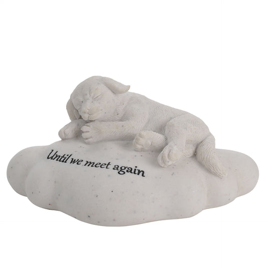 Statue of a cat lying on a cloud with 'Until we meet again' text on a white background