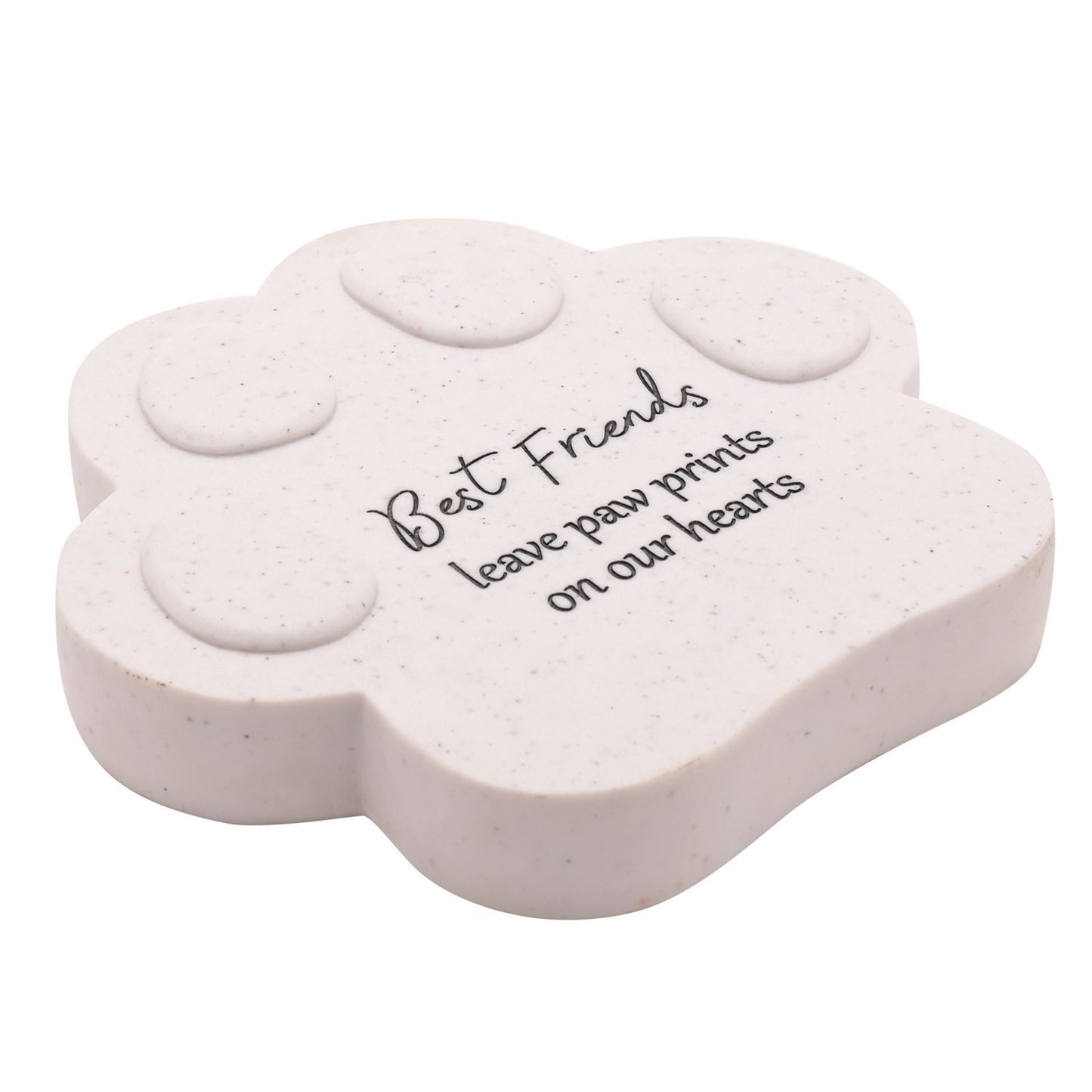Paw-shaped stone with 'Best Friends leave paw prints on our hearts' text on a white background