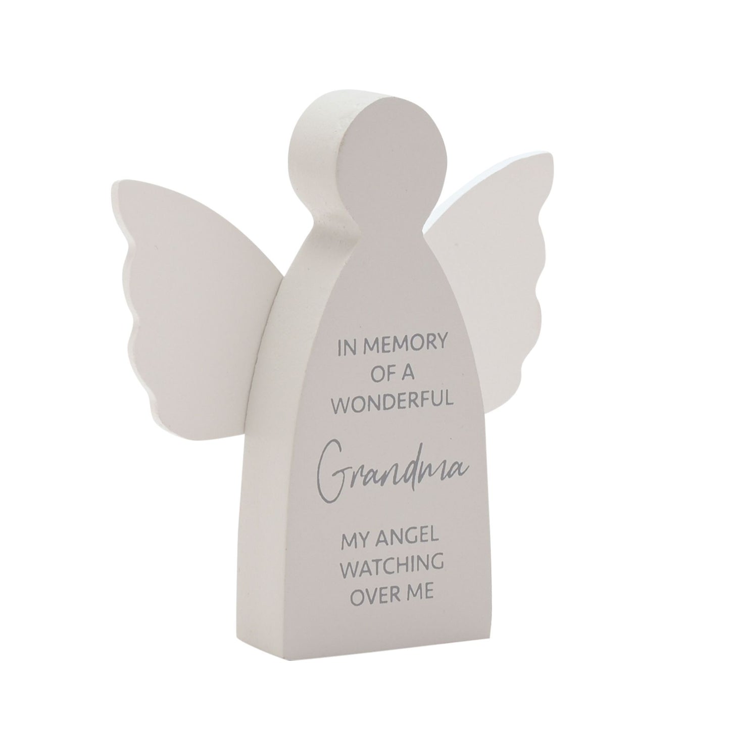 Memorial angel figurine with engraved text on a white background