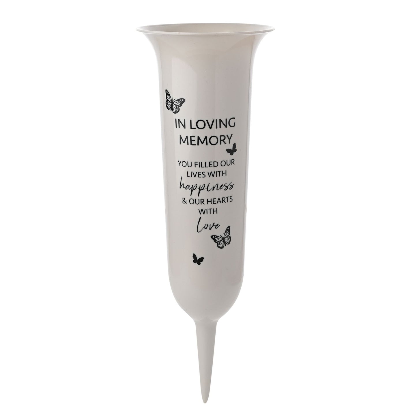 White vase with 'In Loving Memory' text and butterfly designs on a white background