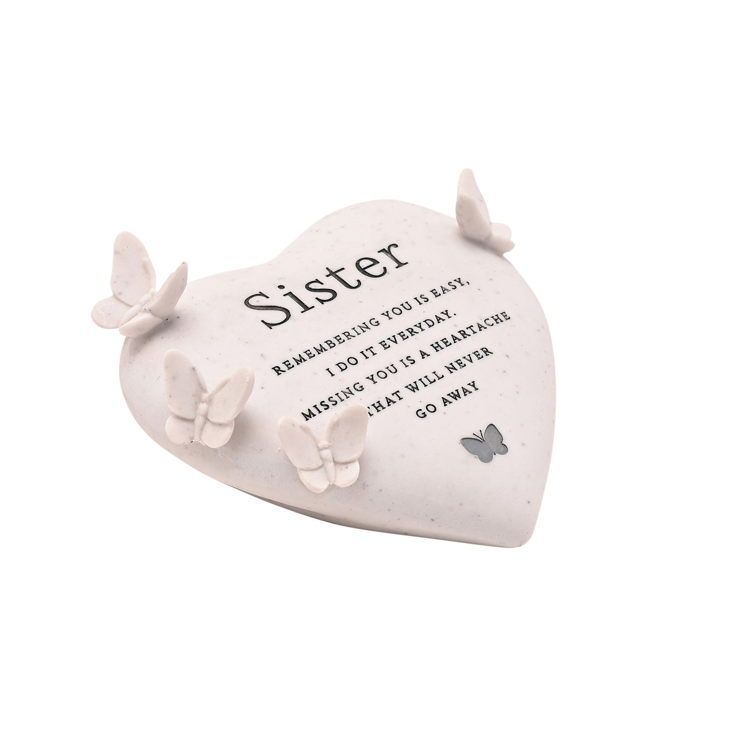 Heart-shaped decorative item with butterflies and text on a white background