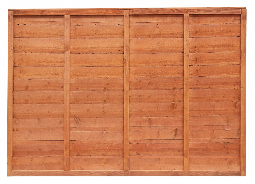 A rectangular wooden fence panel with horizontal slats and vertical support posts, shown against a plain white background.