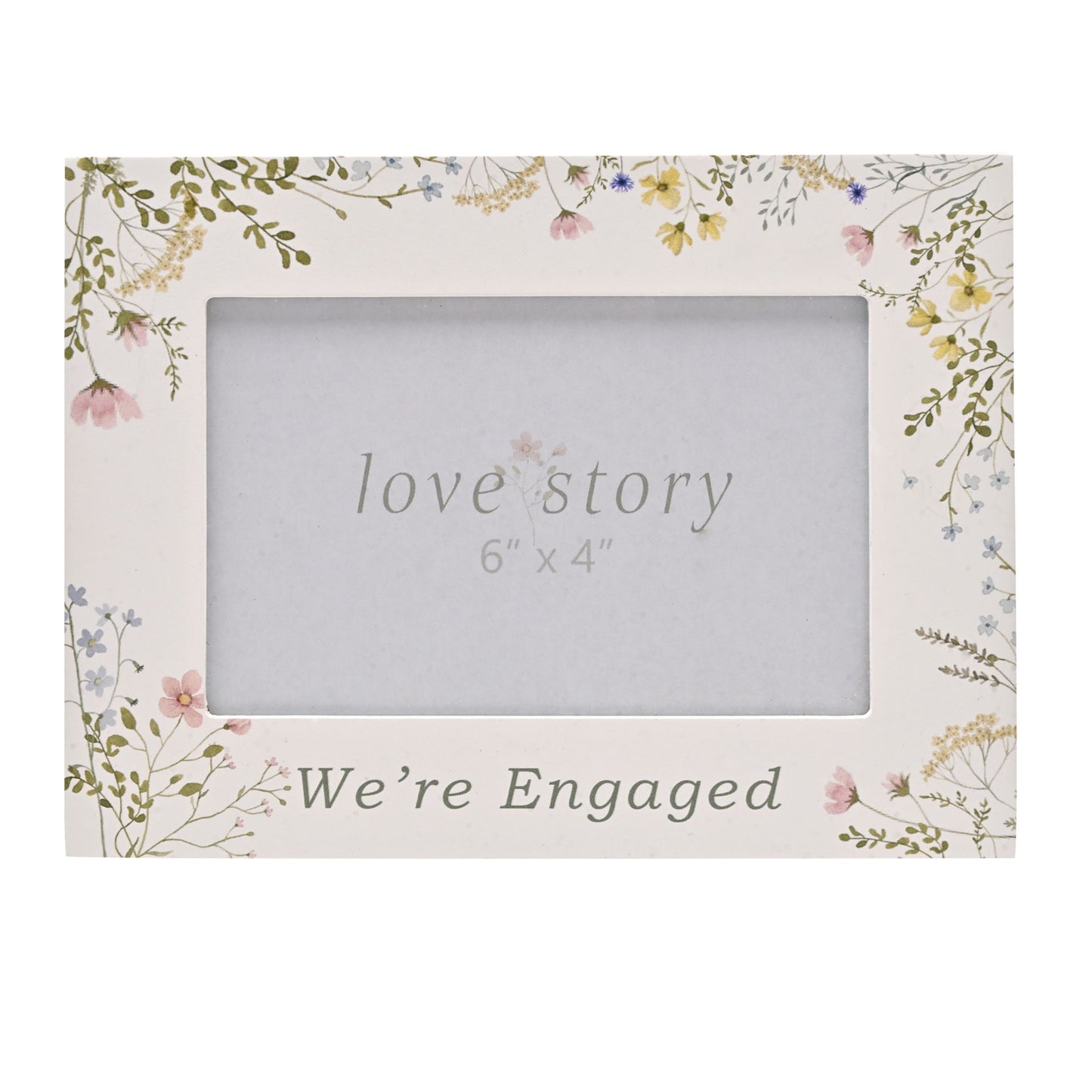 Floral photo frame with 'love story' and 'We're Engaged' text on a white background