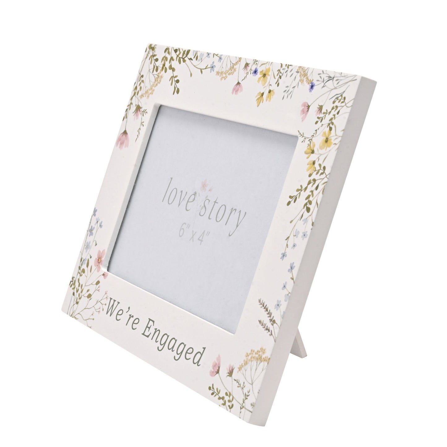 Floral photo frame with 'We're Engaged' and 'Love Story' text on a white background