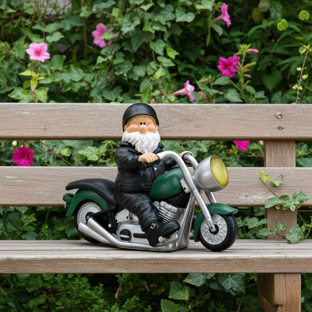 Gnome in leather jacket sitting on a motorcycle on a wooden bench with flowers and greenery in the background