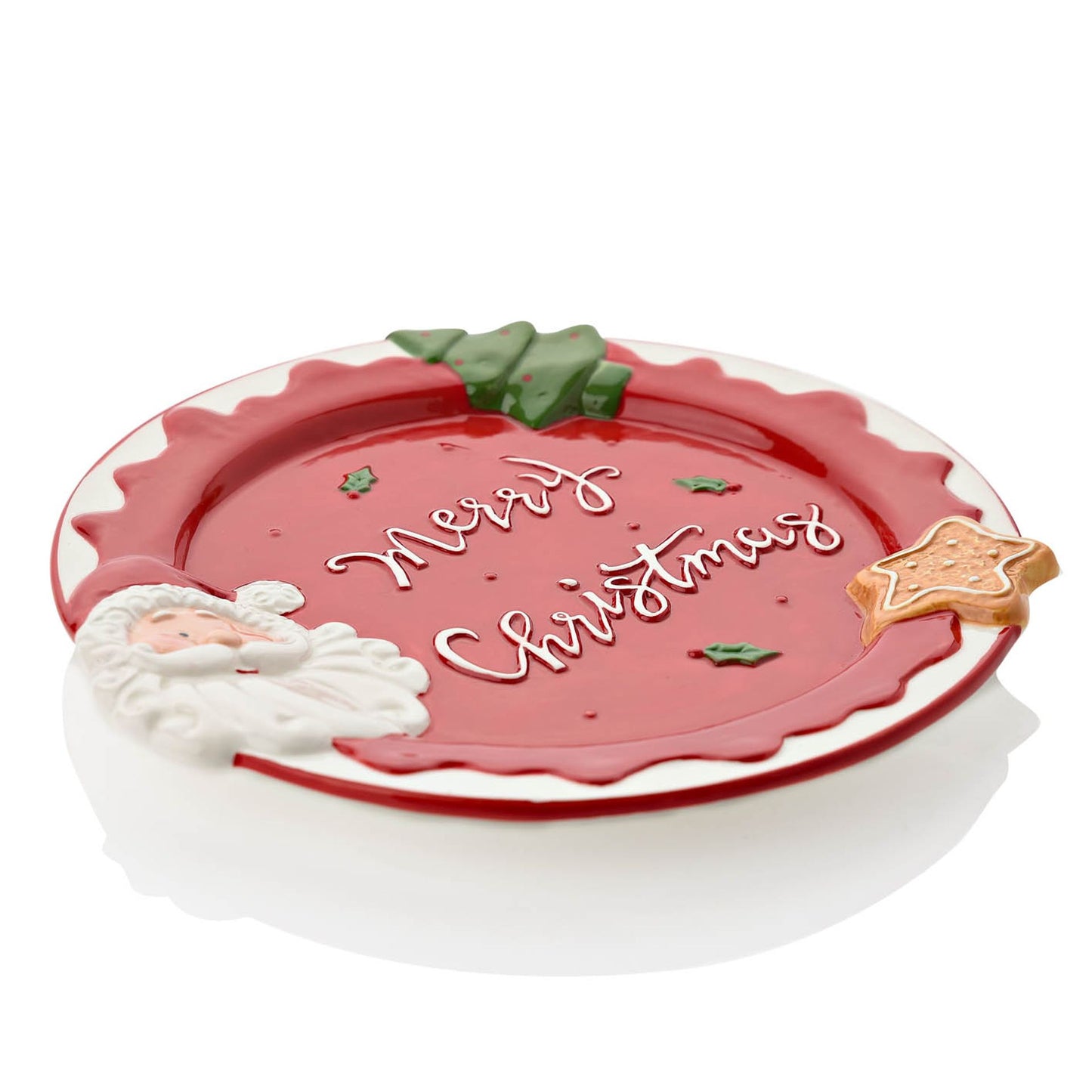 Decorative Christmas plate with Santa Claus and cookie design on a white background