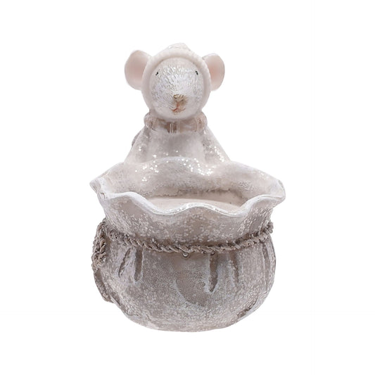 Decorative mouse tealight holder with textured finish on a white background