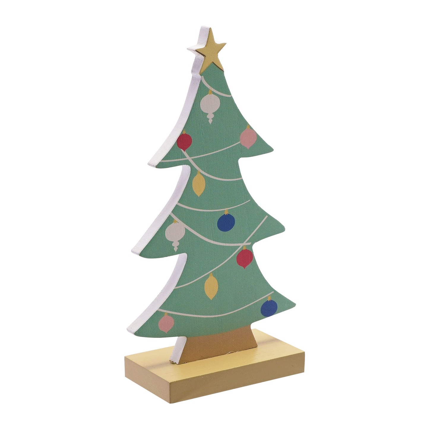 Decorative Christmas tree figure with colorful ornaments on a white background