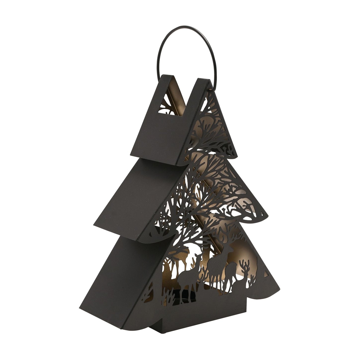 Black triangular lantern with cut-out designs on a white background