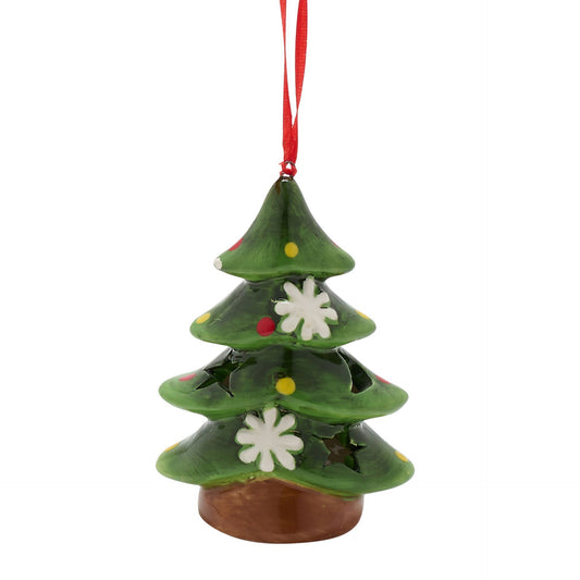 Green ceramic Christmas tree ornament with red and gold decorations on a white background