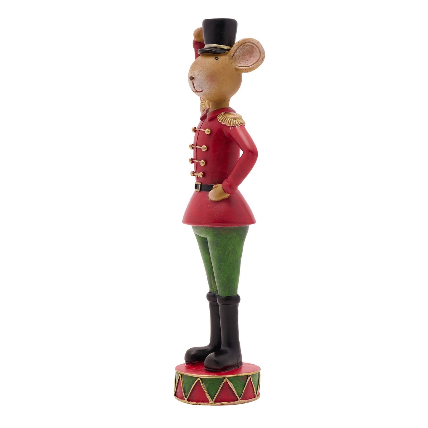 Figurine of a mouse in a red uniform with a top hat on a white background