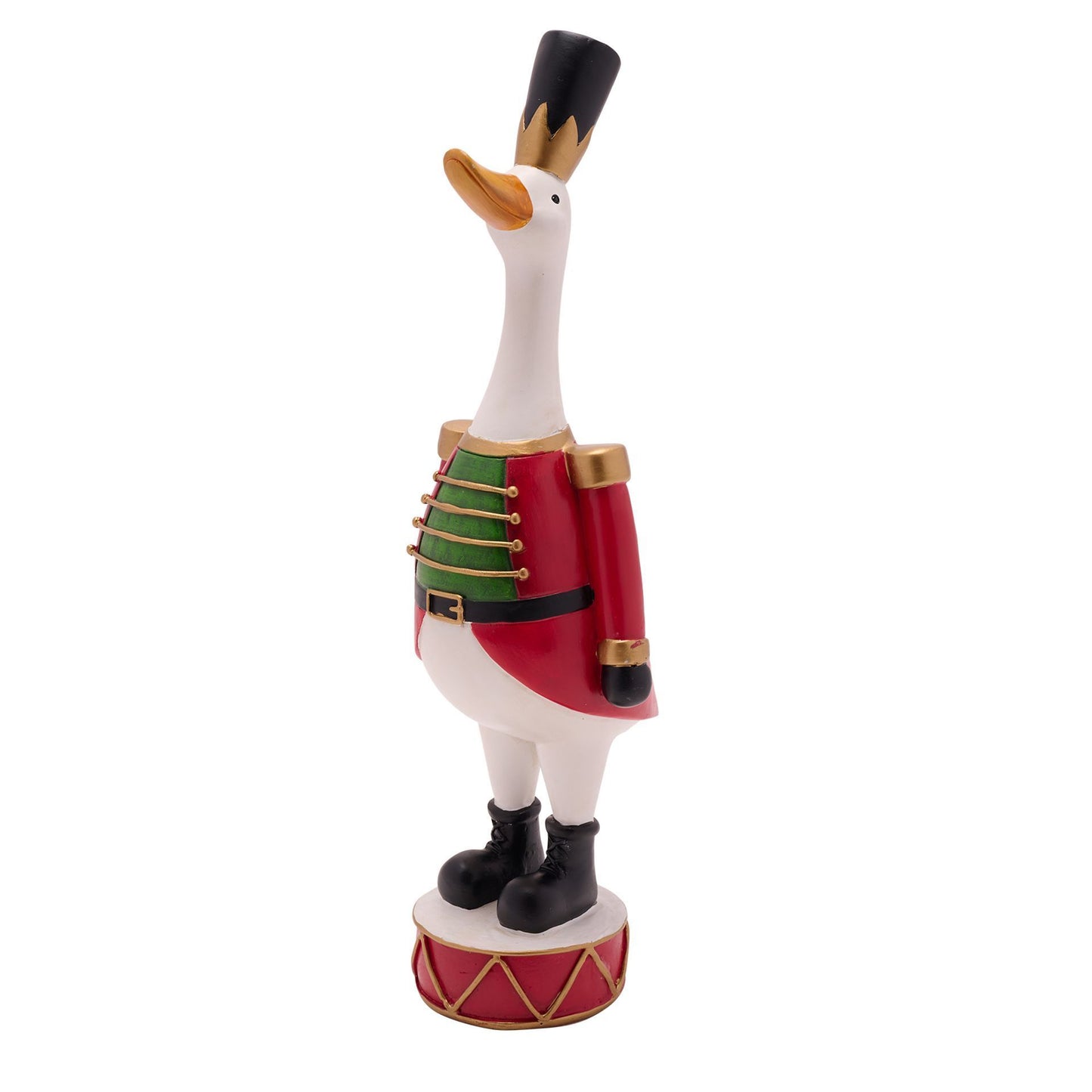 Decorative figurine of a goose in a Nutcracker outfit on a white background