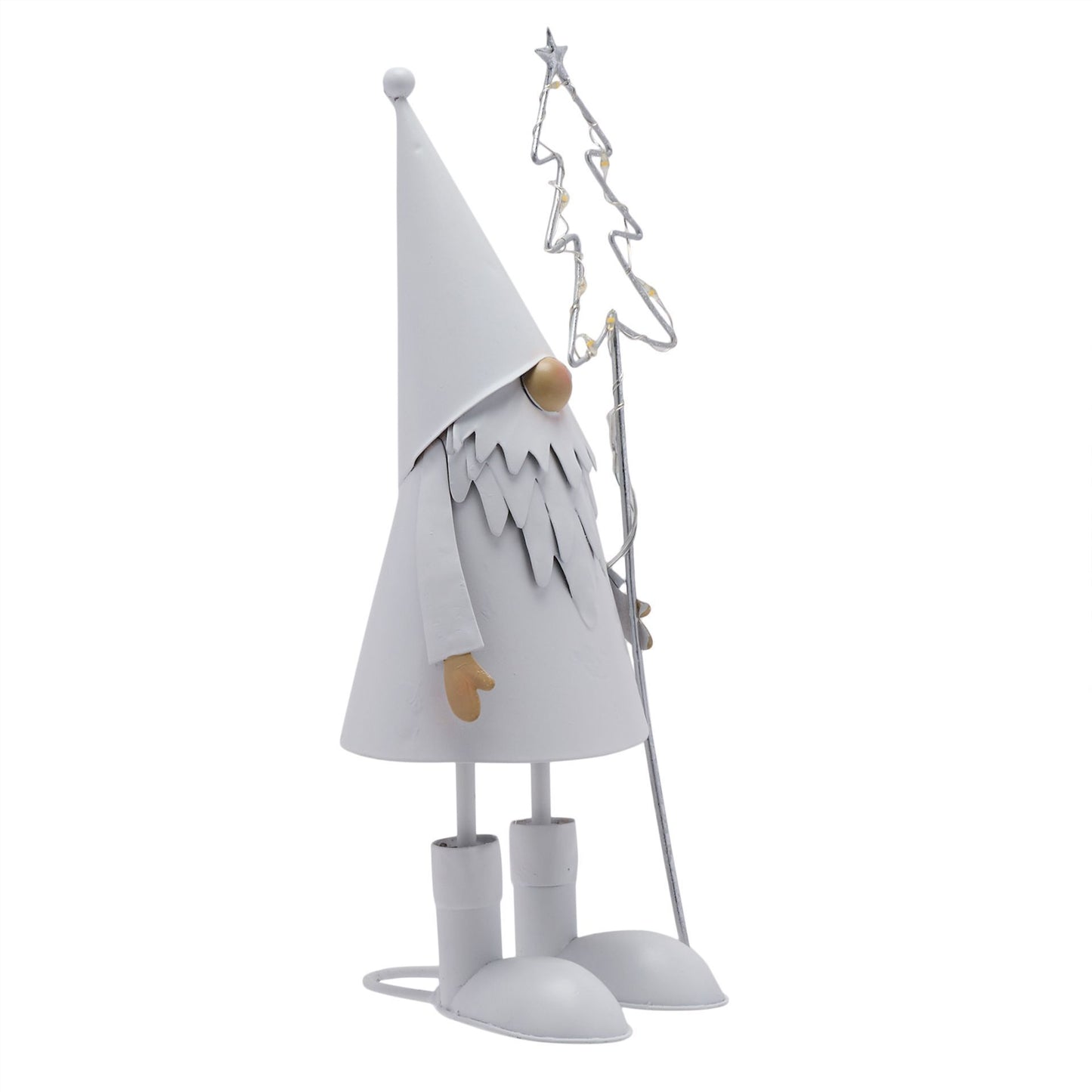 Decorative figure of a white gnome with a hat and boots, standing next to a silver tree-shaped light fixture on a white background.