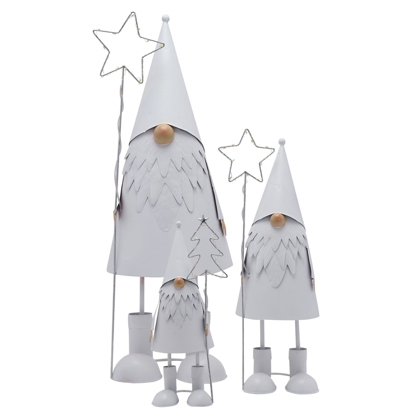 Two decorative gnomes with star-shaped stands on a white background