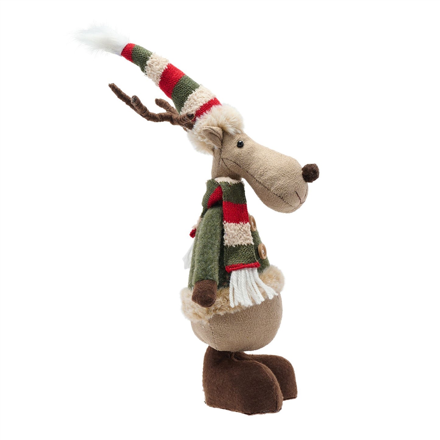 Plush reindeer toy with a scarf and striped antlers on a white background