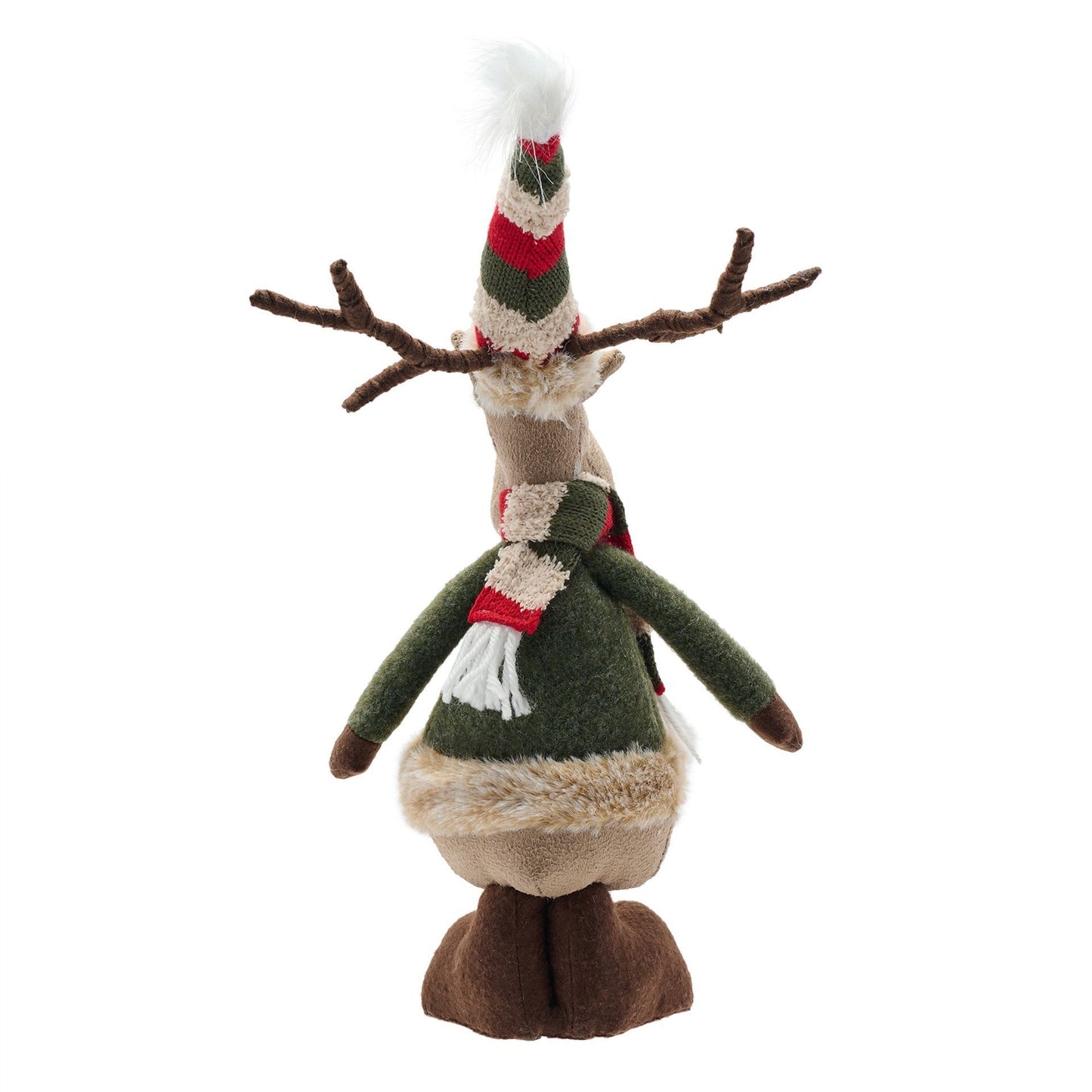 Decorative reindeer figure with a green sweater and red scarf on a white background