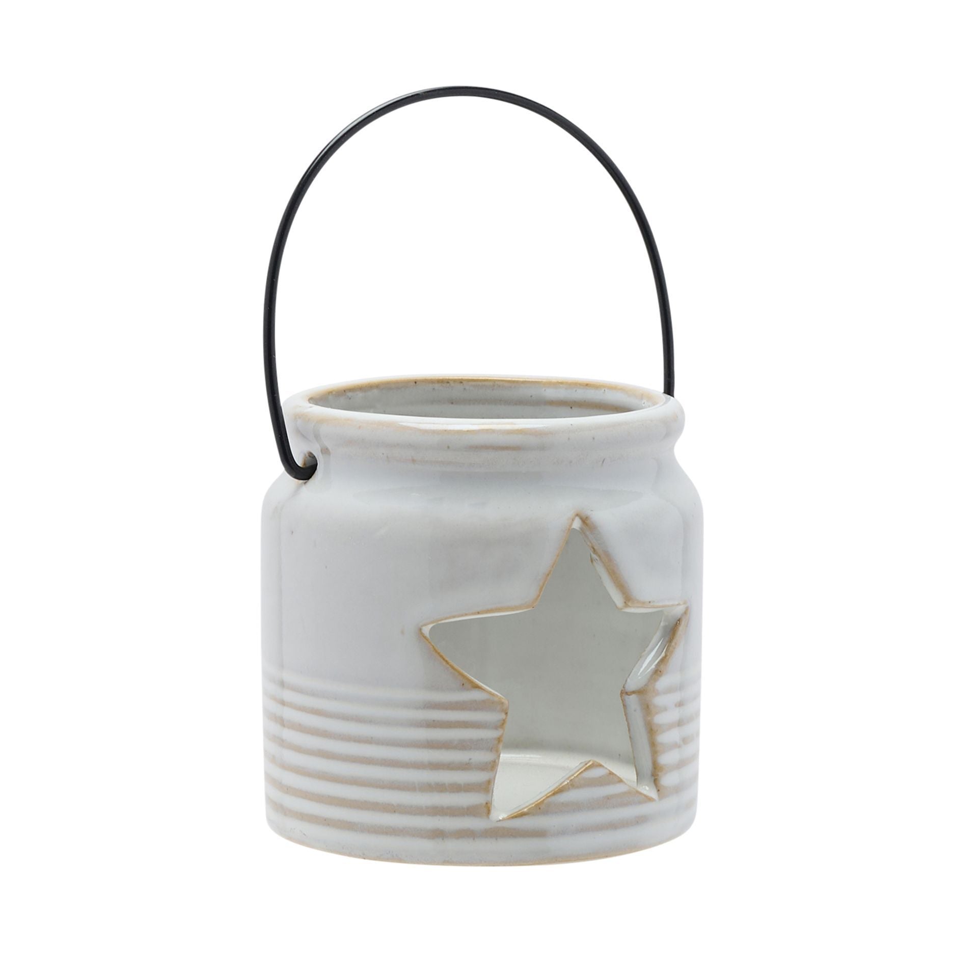 White ceramic lantern with star design and black handle on a white background
