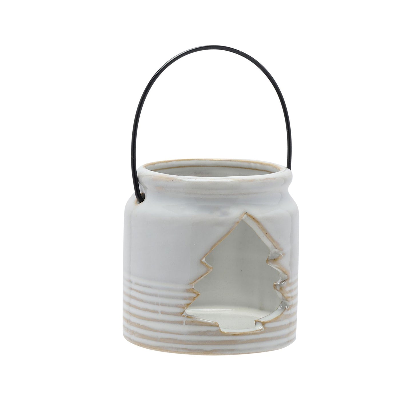 White ceramic lantern with a black handle and tree design on a white background