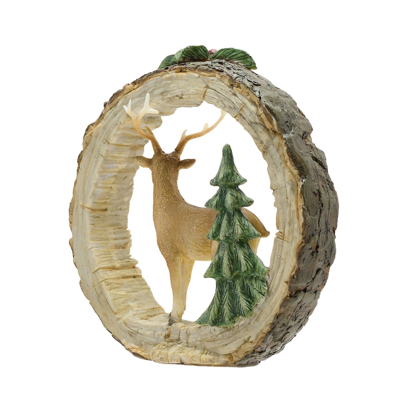 Decorative piece with a deer and trees inside a circular wooden frame on a white background