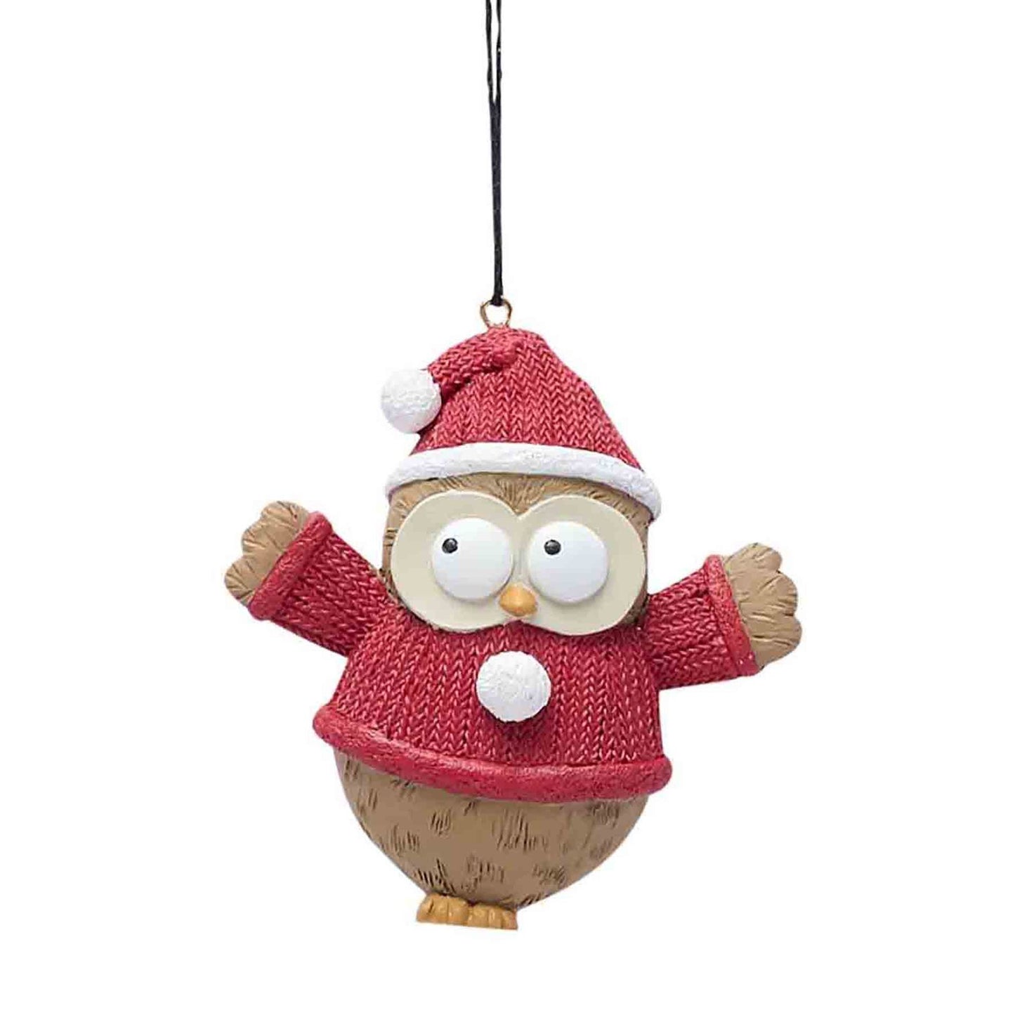 Christmas-themed owl ornament wearing a red sweater and Santa hat on a white background