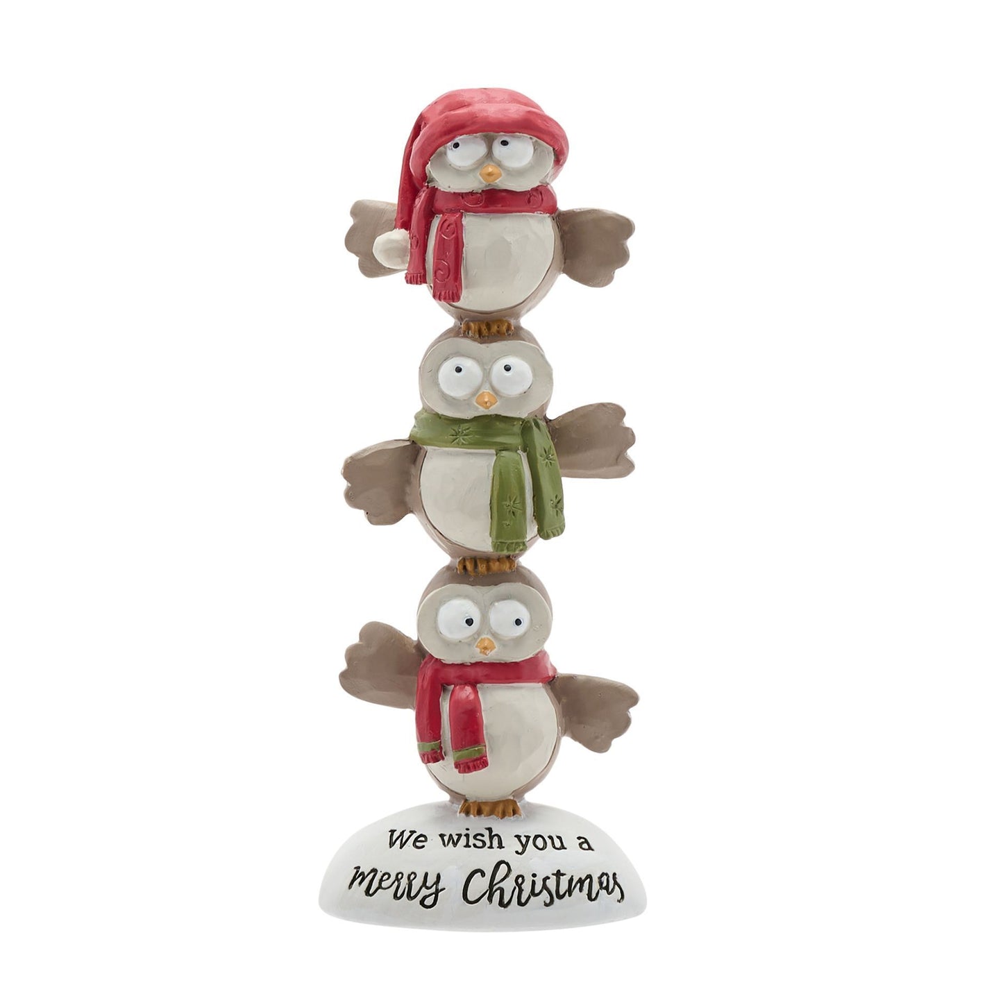 Stack of three Christmas-themed owl figurines with scarves and a hat on a white background.