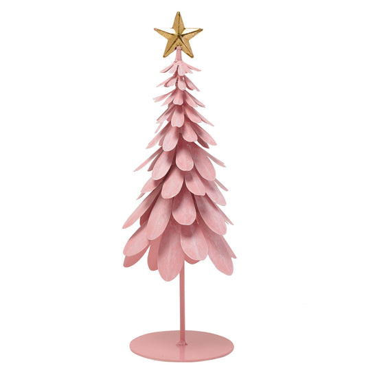 Pink decorative Christmas tree with a gold star on a white background