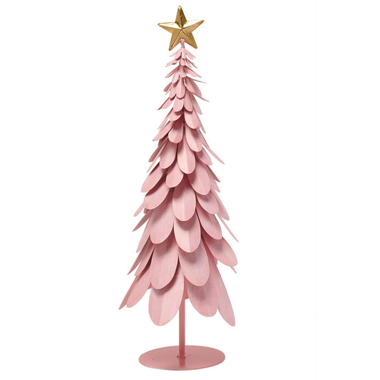 Pink decorative Christmas tree with a gold star on a white background