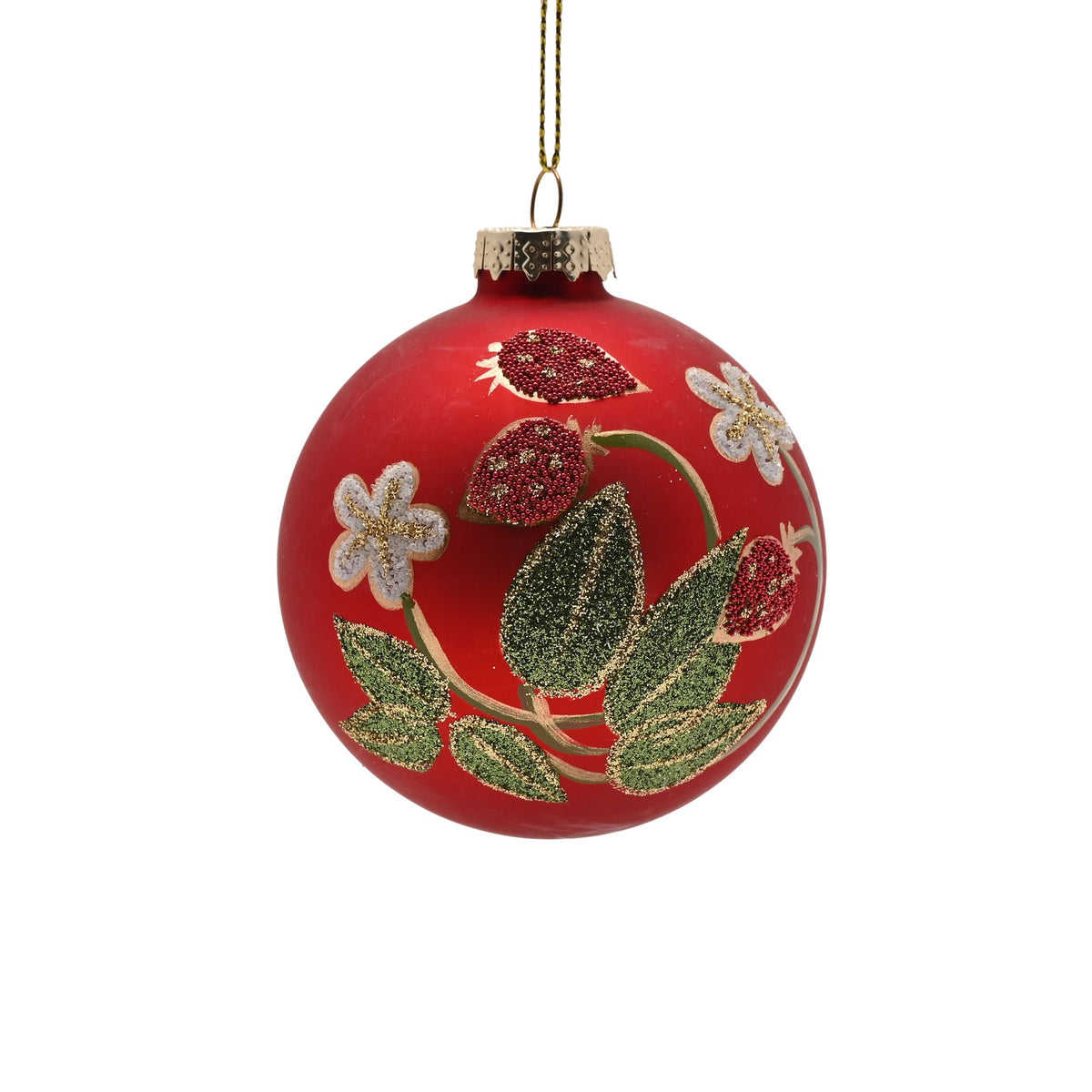 Red Christmas ornament with floral designs on a white background