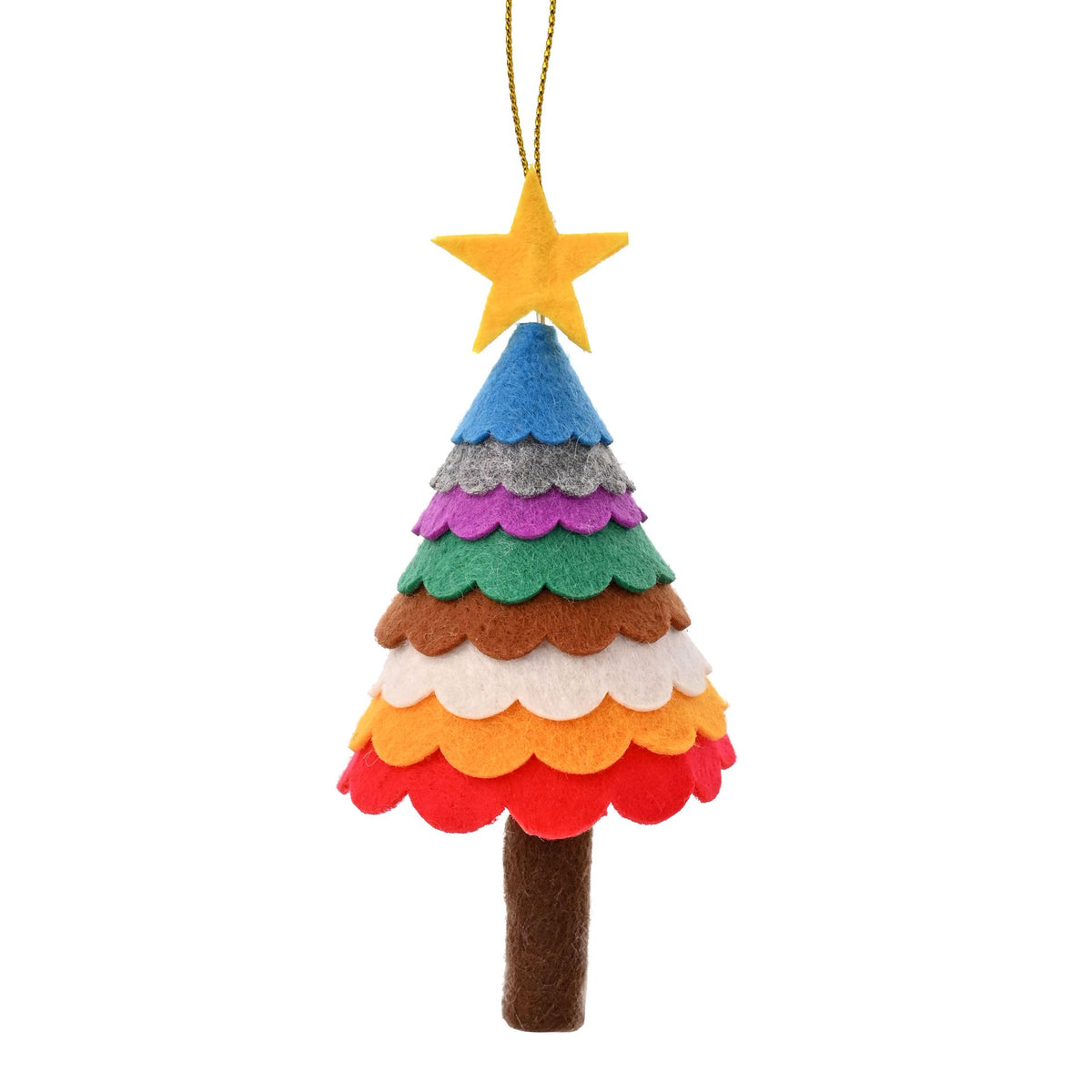 Colorful felt Christmas tree ornament with a star on a white background