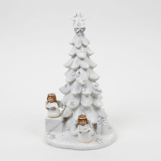 Decorative Christmas tree with two angel figures on a white background