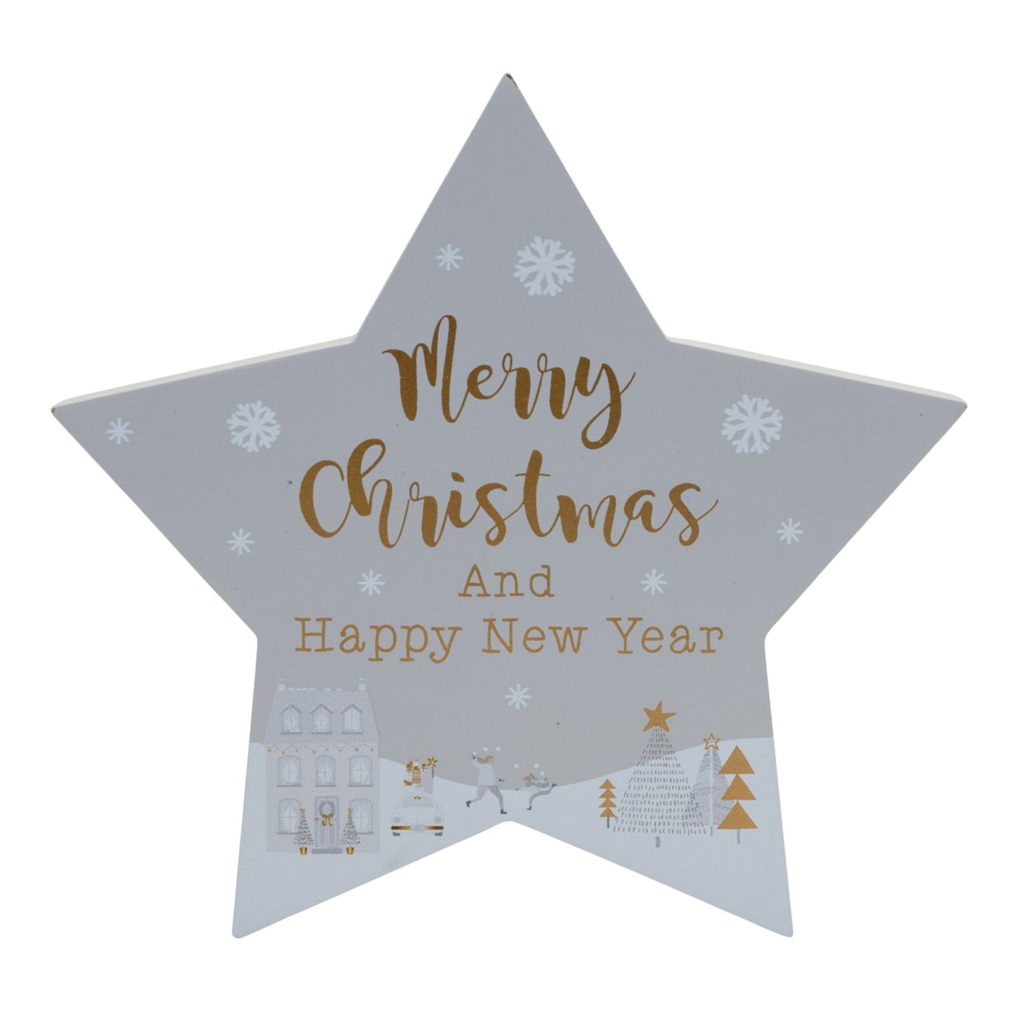 Star-shaped Christmas decoration with 'Merry Christmas and Happy New Year' text on a gray background.