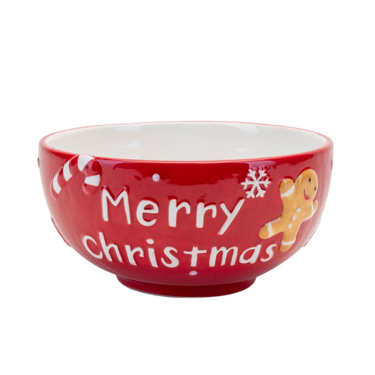 Red ceramic bowl with 'Merry Christmas' text and gingerbread man design on a white background