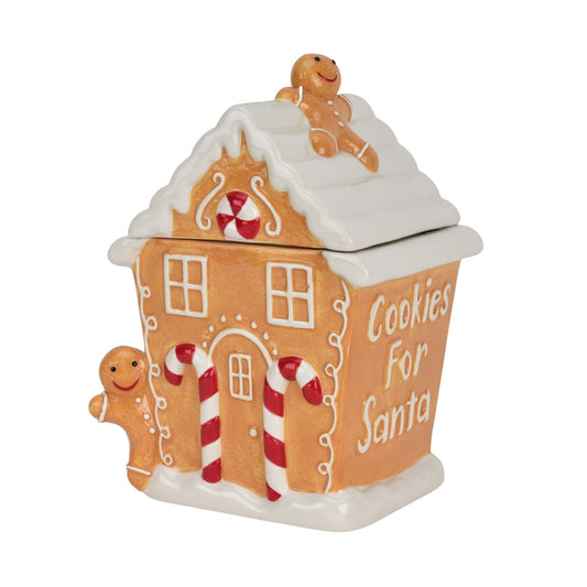 Gingerbread house-shaped cookie jar with 'Cookies for Santa' text on a white background