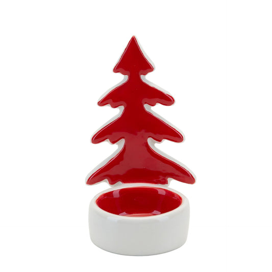 Red Christmas tree-shaped container on a white background