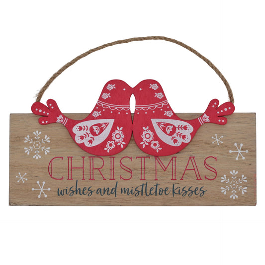 Wooden Christmas sign with red and white design and text on a white background