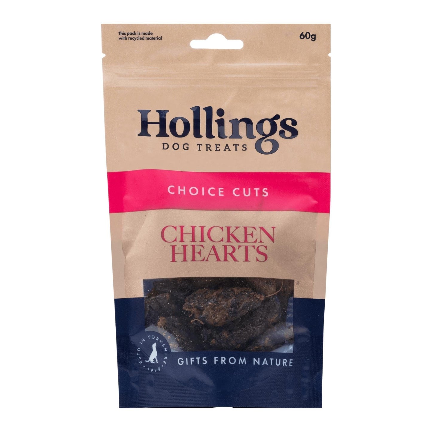 Hollings 100% Natural Chicken Hearts 60g on a white background
