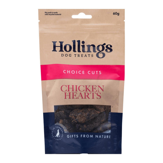 Hollings 100% Natural Chicken Hearts 60g on a white background