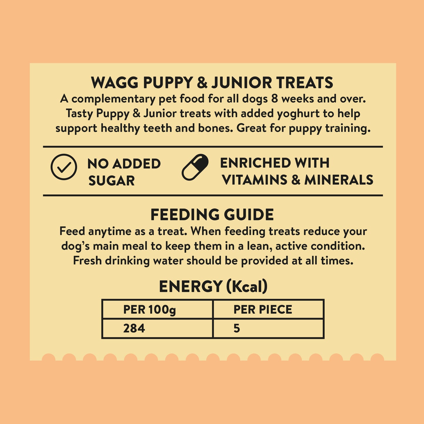 Nutritional information and feeding guide for Wagg Puppy & Junior Treats - Chicken & Yoghurt Meaty Bites