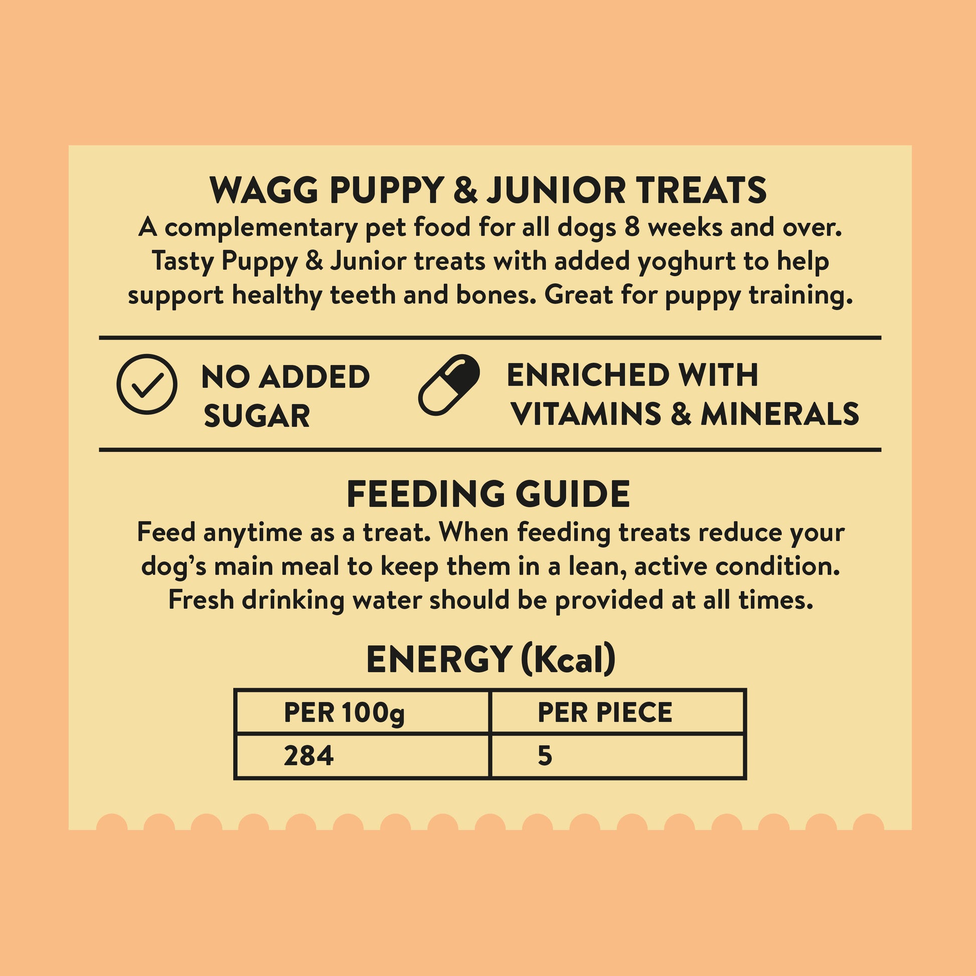 Nutritional information and feeding guide for Wagg Puppy & Junior Treats - Chicken & Yoghurt Meaty Bites